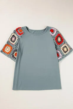 Hot Dear-Lover Floral Crochet Short Sleeve Top Medium Grey