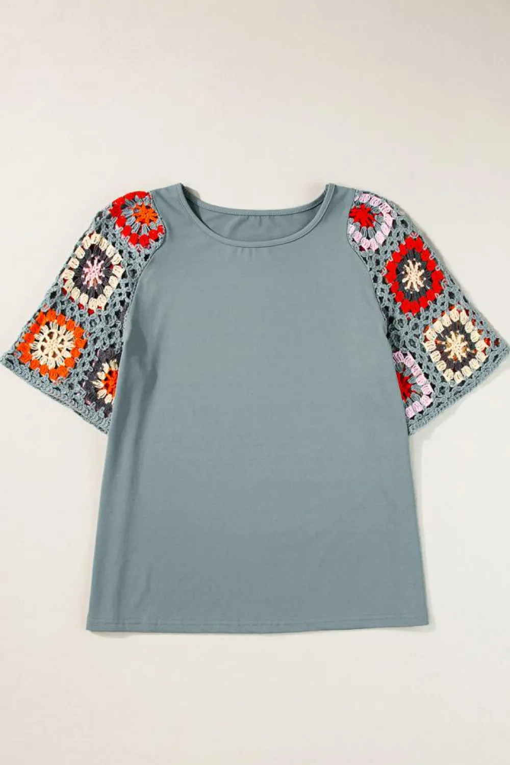 Hot Dear-Lover Floral Crochet Short Sleeve Top Medium Grey