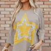 Clearance Dear-Lover Floral Starbust Exposed Seam Mineral Wash Top Medium Grey