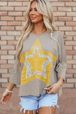 Clearance Dear-Lover Floral Starbust Exposed Seam Mineral Wash Top Medium Grey