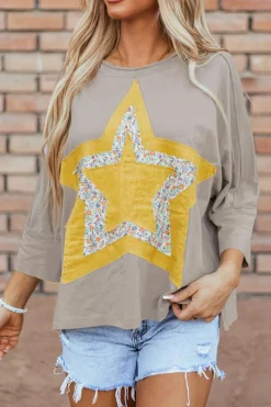 Clearance Dear-Lover Floral Starbust Exposed Seam Mineral Wash Top Medium Grey