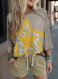 Clearance Dear-Lover Floral Starbust Exposed Seam Mineral Wash Top Medium Grey