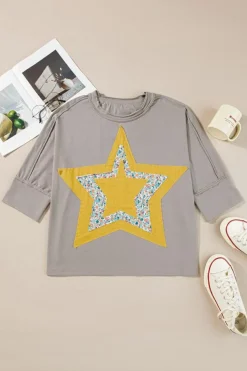 Clearance Dear-Lover Floral Starbust Exposed Seam Mineral Wash Top Medium Grey