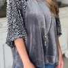 Online Dear-Lover Leopard Splicing Lantern Sleeve Velvet Blouse Medium Grey