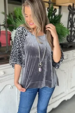 Online Dear-Lover Leopard Splicing Lantern Sleeve Velvet Blouse Medium Grey