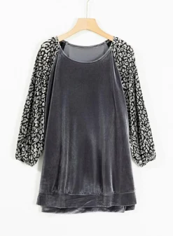 Online Dear-Lover Leopard Splicing Lantern Sleeve Velvet Blouse Medium Grey