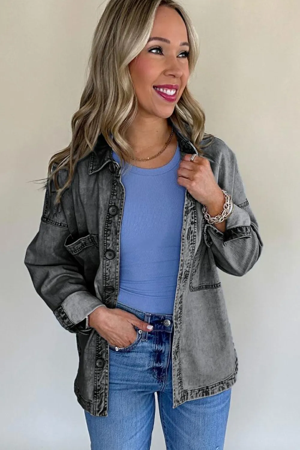 Discount Dear-Lover Mineral Wash Patched Pocket Split Denim Jacket Medium Grey