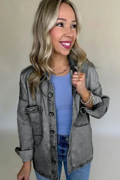 Discount Dear-Lover Mineral Wash Patched Pocket Split Denim Jacket Medium Grey
