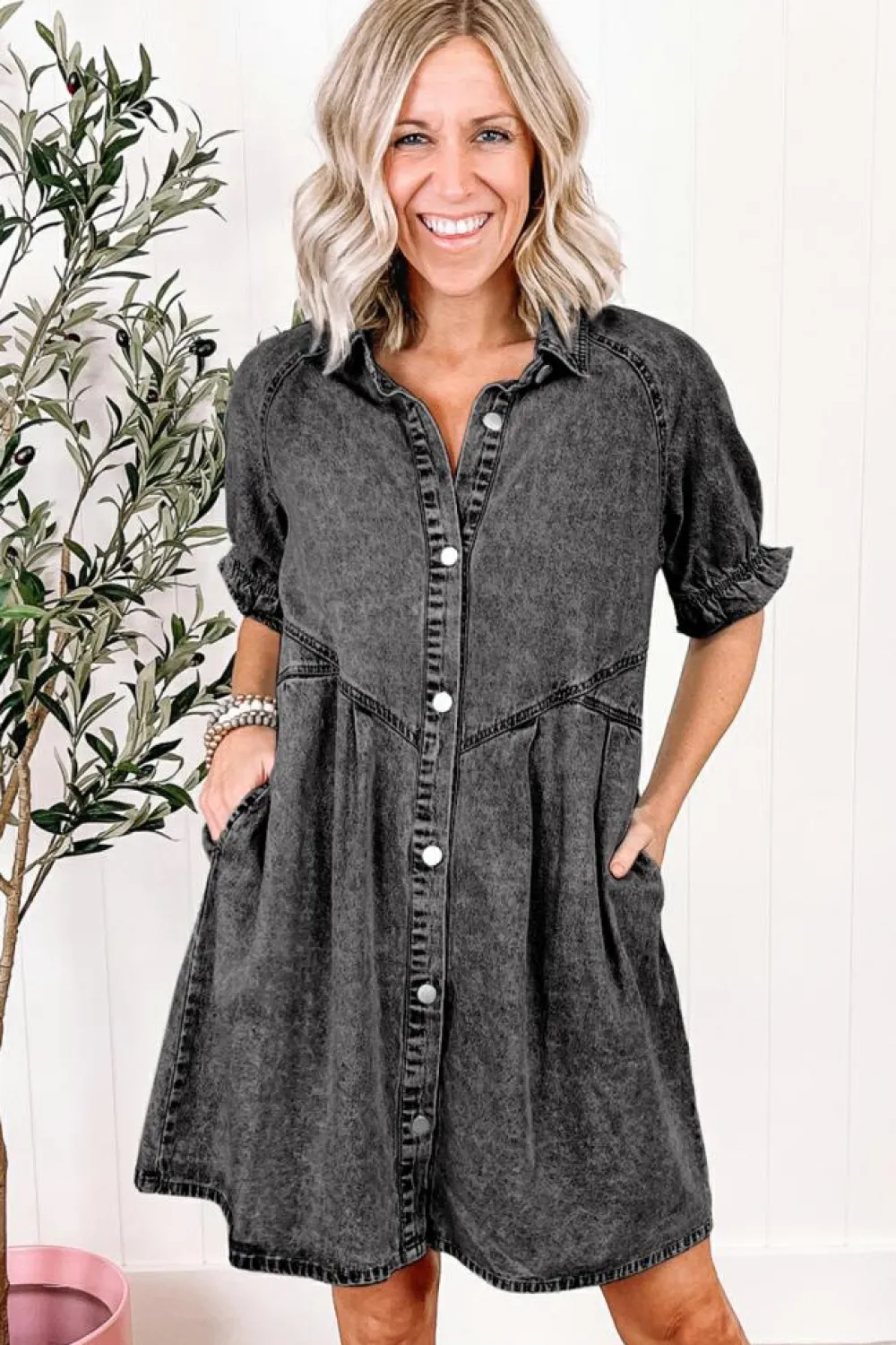 Outlet Dear-Lover Mineral Wash Ruffled Short Sleeve Buttoned Denim Dress Medium Grey