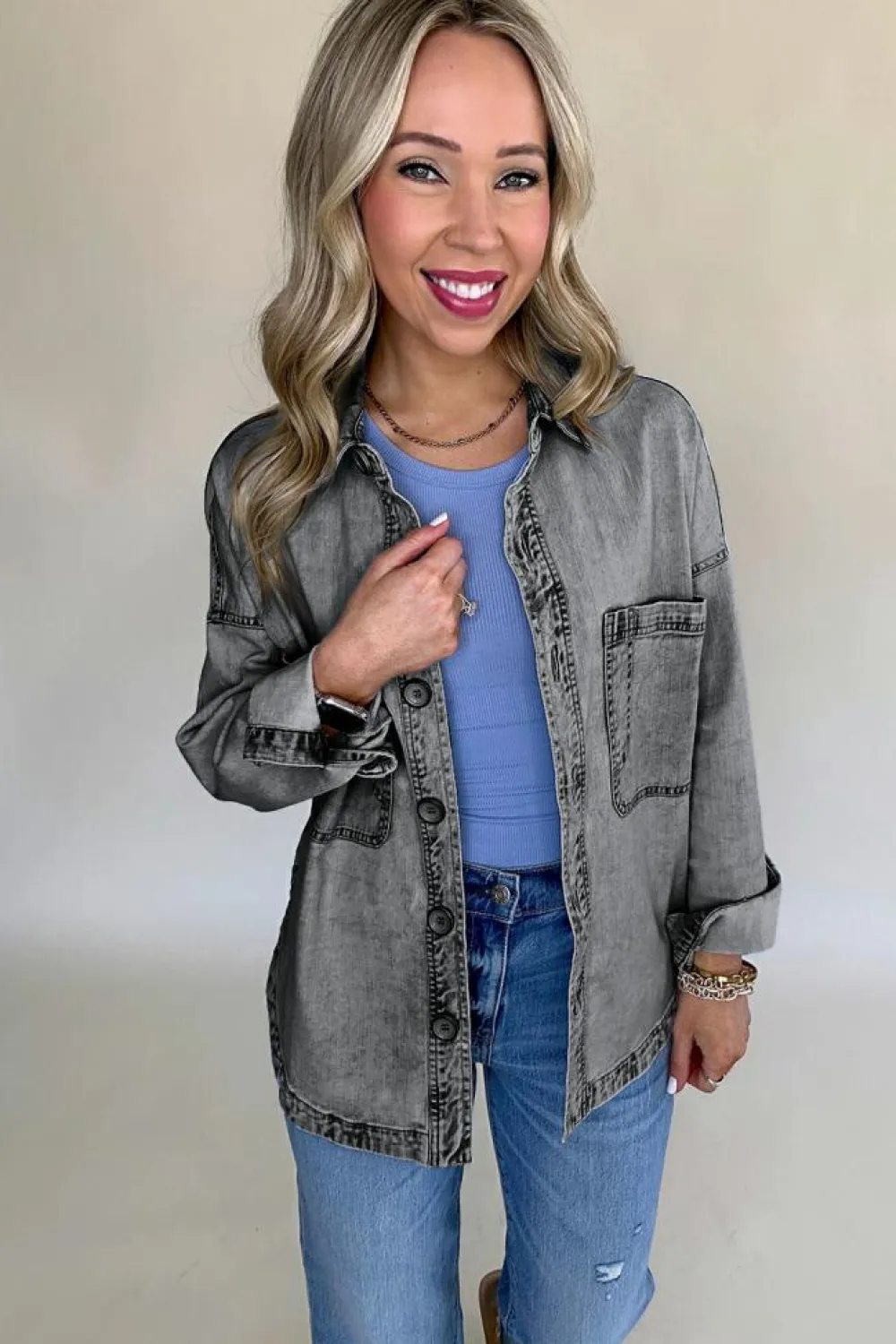 Discount Dear-Lover Mineral Wash Patched Pocket Split Denim Jacket Medium Grey