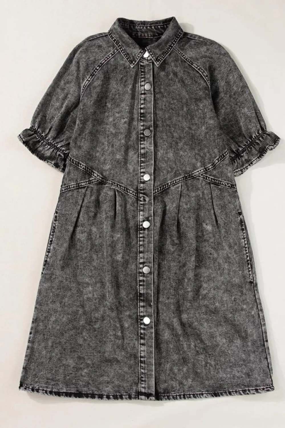 Outlet Dear-Lover Mineral Wash Ruffled Short Sleeve Buttoned Denim Dress Medium Grey