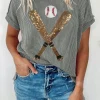 Discount Dear-Lover Sequin Baseball Pattern Corded Crewneck T Shirt Medium Grey
