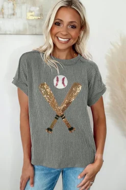Discount Dear-Lover Sequin Baseball Pattern Corded Crewneck T Shirt Medium Grey