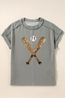 Discount Dear-Lover Sequin Baseball Pattern Corded Crewneck T Shirt Medium Grey