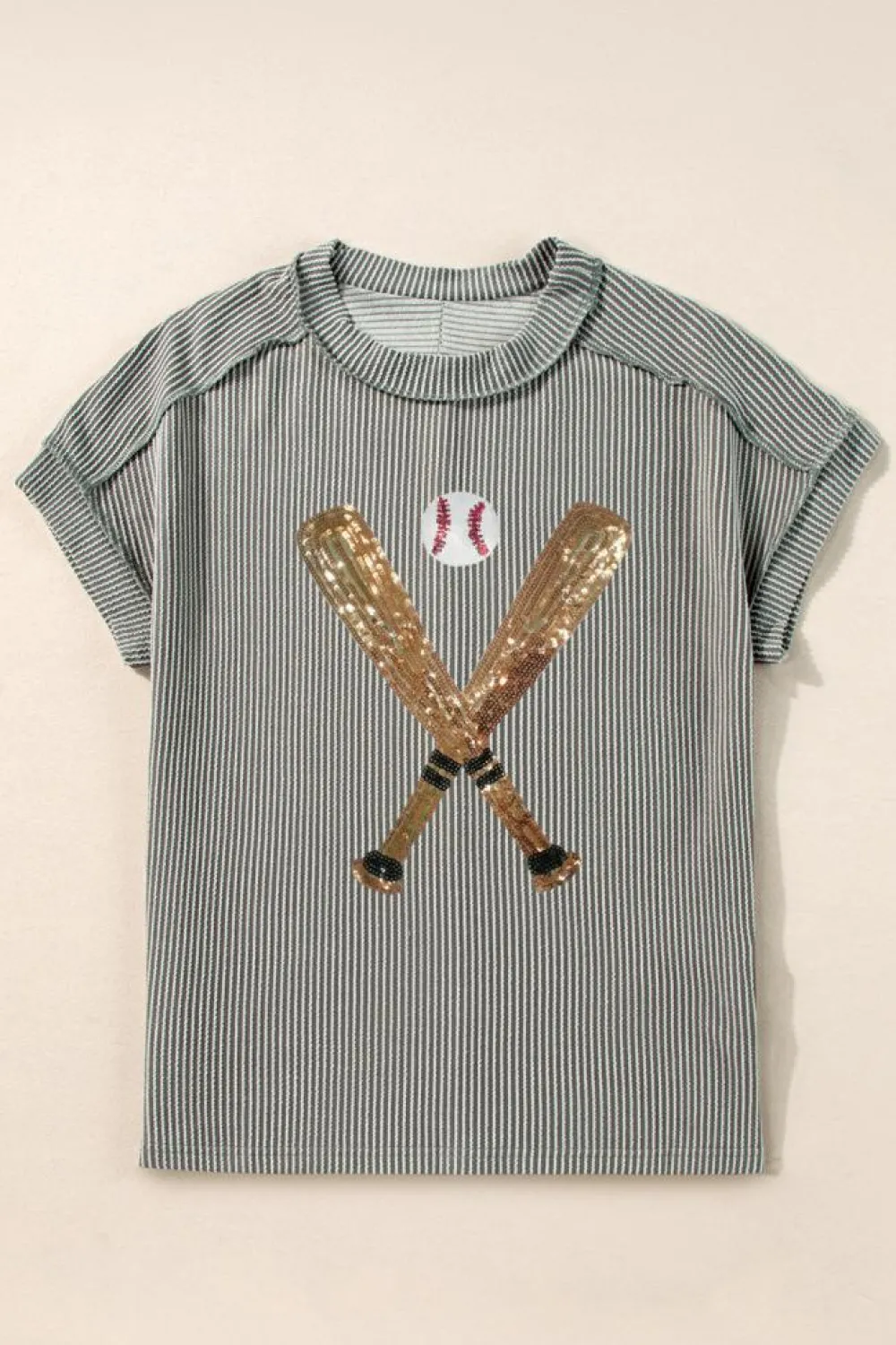 Discount Dear-Lover Sequin Baseball Pattern Corded Crewneck T Shirt Medium Grey