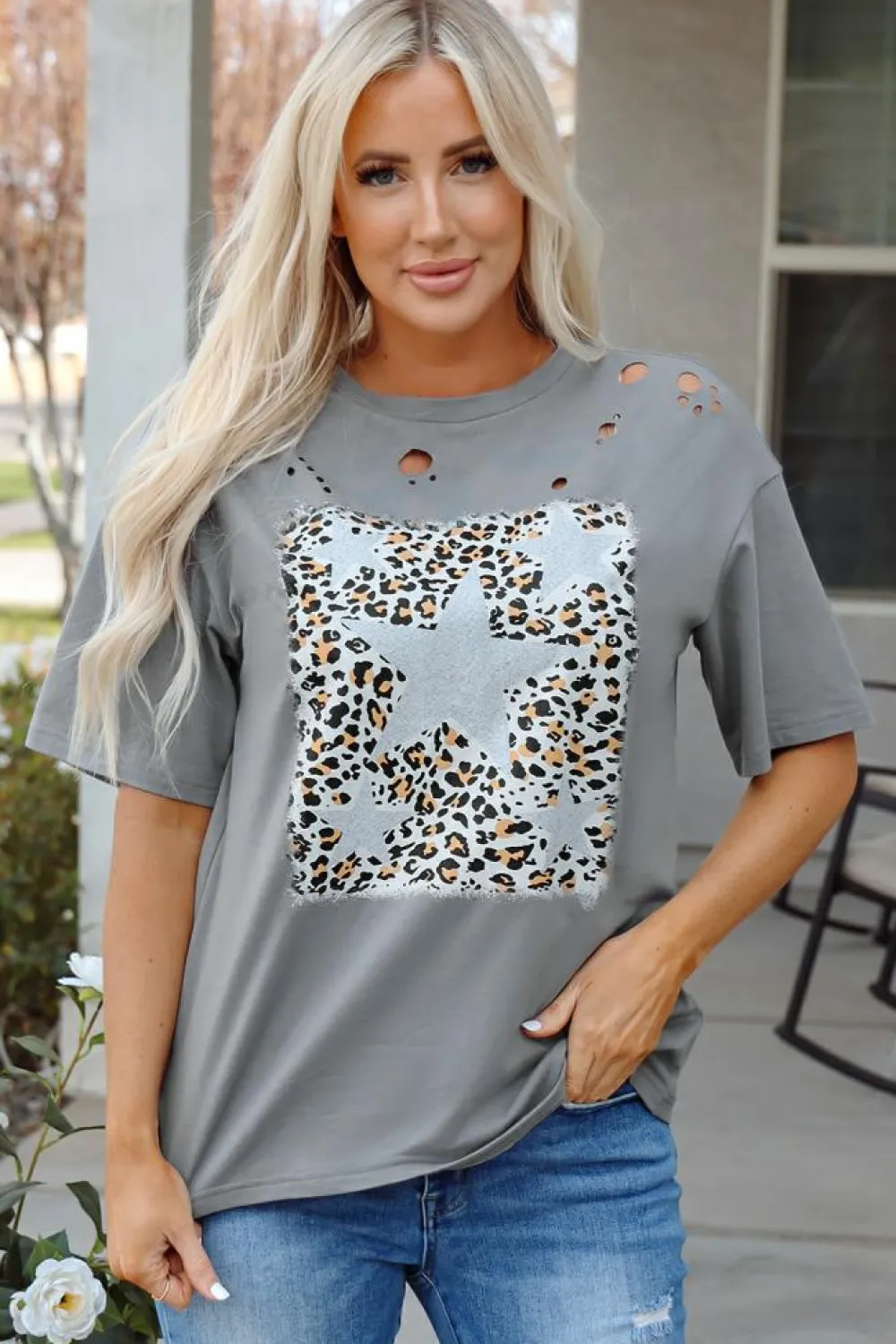 Clearance Dear-Lover Stars Leopard Graphic Distressed Tee Medium Grey