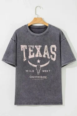 Hot Dear-Lover TEXAS Steer Head Graphic Mineral Wash Oversized T Shirt Medium Grey