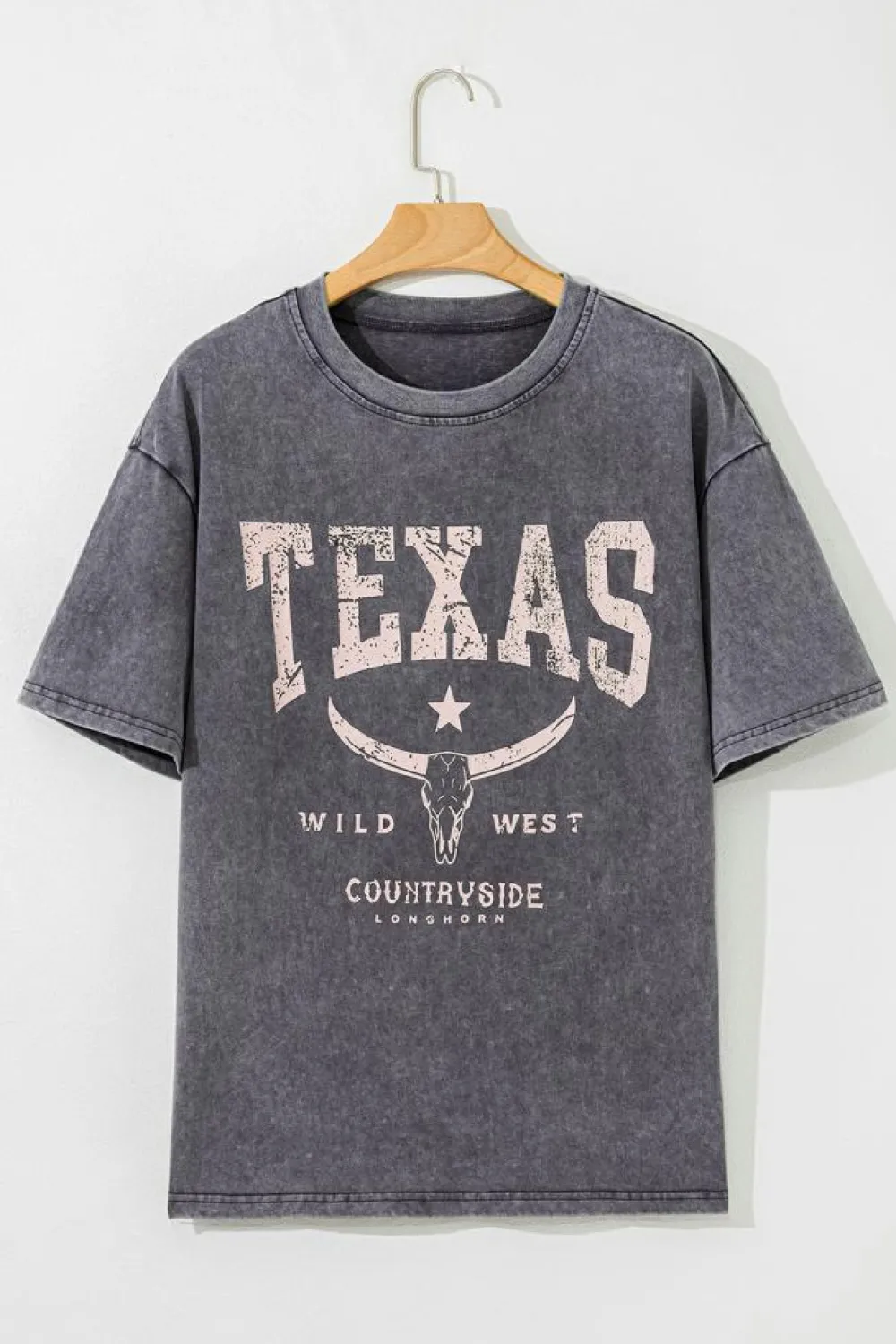 Hot Dear-Lover TEXAS Steer Head Graphic Mineral Wash Oversized T Shirt Medium Grey