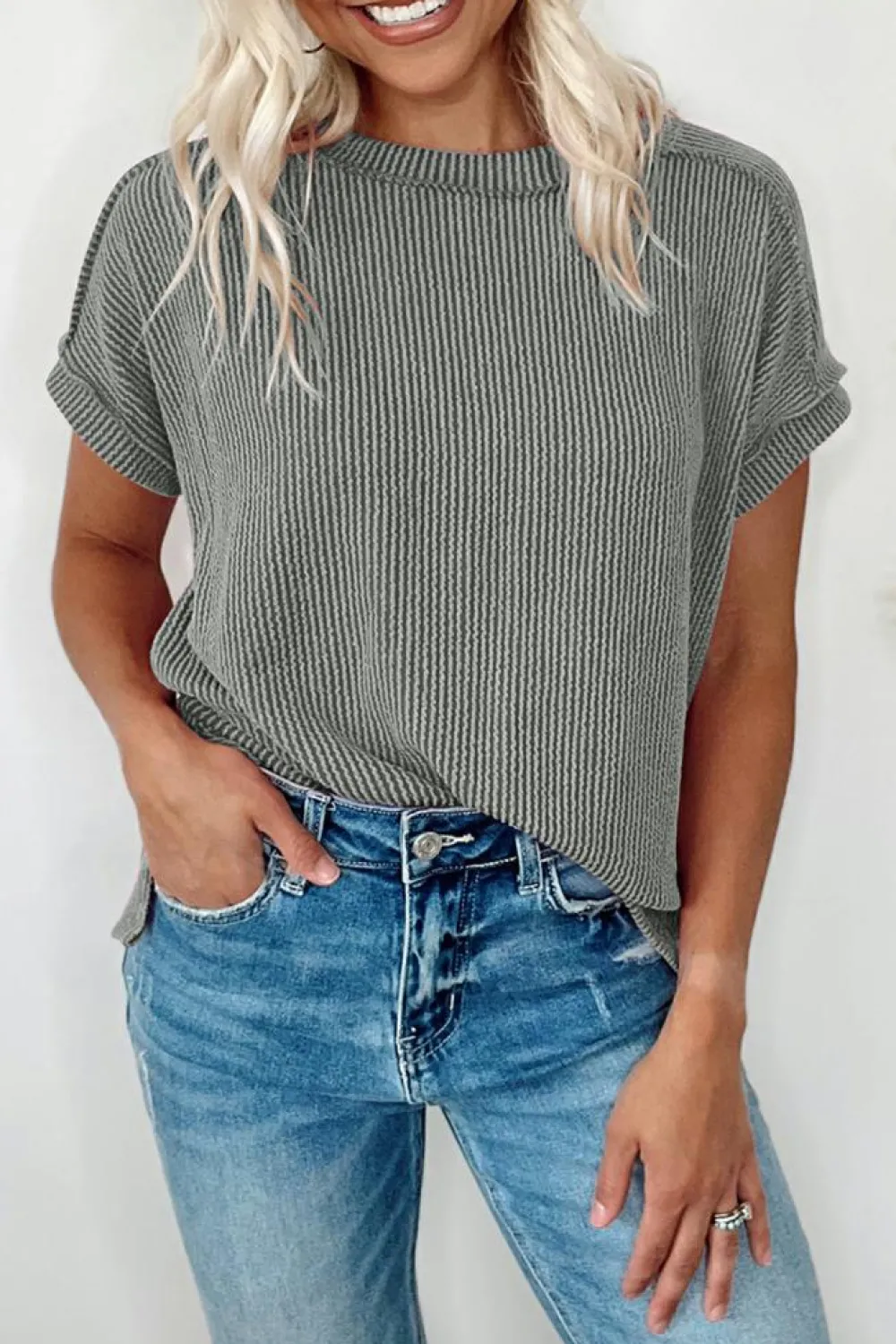 Fashion Dear-Lover Textured Knit Exposed Stitching T-shirt Medium Grey