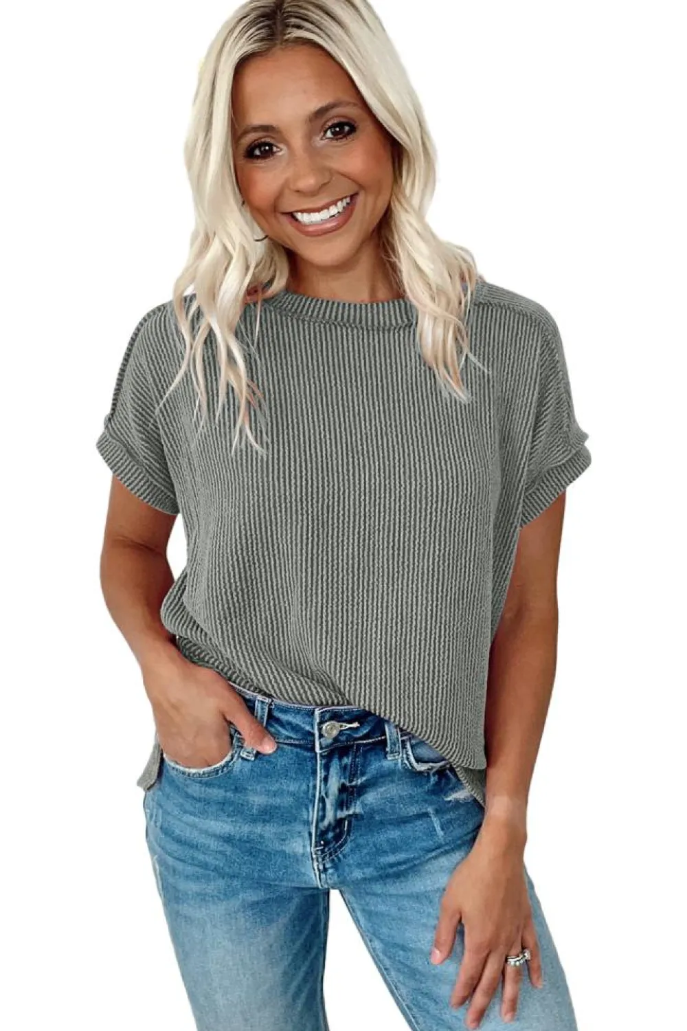 Fashion Dear-Lover Textured Knit Exposed Stitching T-shirt Medium Grey