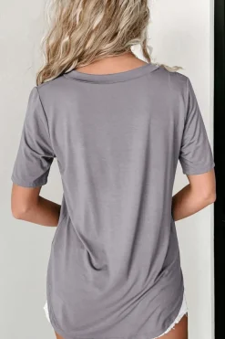 Clearance Dear-Lover V Neck Pocketed Rounded Hem Tee Medium Grey