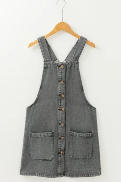 Hot Dear-Lover Wide Strap Button Front Pocketed Denim Mini Dress Medium Grey