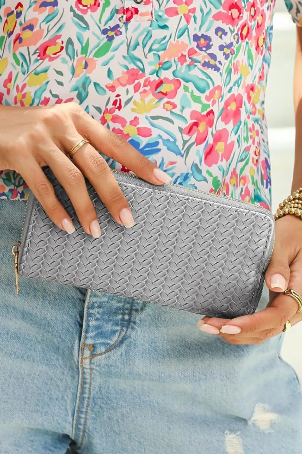 Hot Dear-Lover Woven Textured Zip Around Long Wallet Medium Grey
