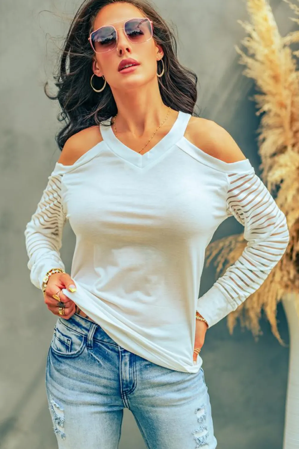 Sale Dear-Lover Mesh Striped Cut-out Cold Shoulder Long Sleeve T-shirt White