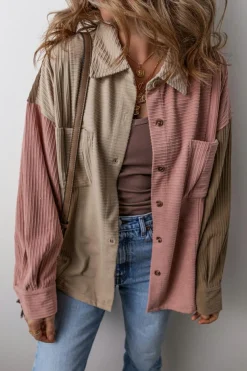 Clearance Dear-Lover Color Block Chest Pockets Buttoned Corduroy Shacket Mineral Red