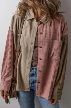 Clearance Dear-Lover Color Block Chest Pockets Buttoned Corduroy Shacket Mineral Red