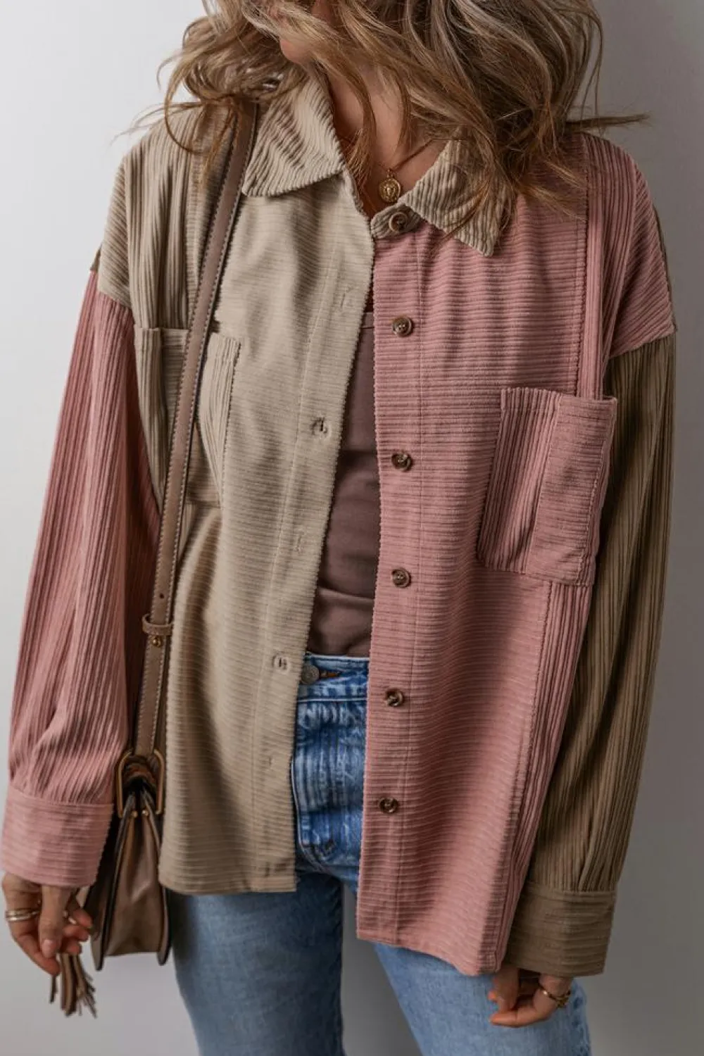 Clearance Dear-Lover Color Block Chest Pockets Buttoned Corduroy Shacket Mineral Red