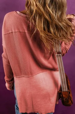 Online Dear-Lover Exposed Seam Slit Neck Waffle Knit Patchwork Top Mineral Red