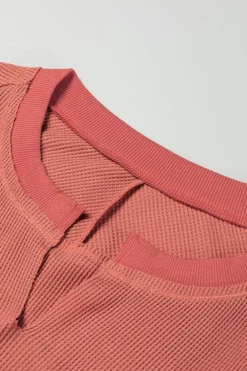 Online Dear-Lover Exposed Seam Slit Neck Waffle Knit Patchwork Top Mineral Red