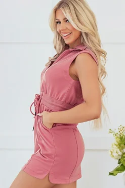 Discount Dear-Lover French Terry Zipped Collar Sleeveless Drawstring Waist Mini Dress Mineral Red