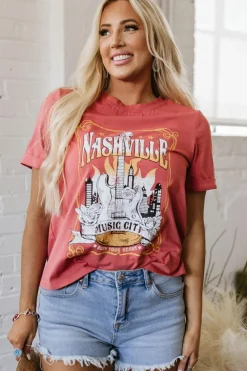 Clearance Dear-Lover Nashville Music City Graphic Retro Fashion Tee Mineral Red