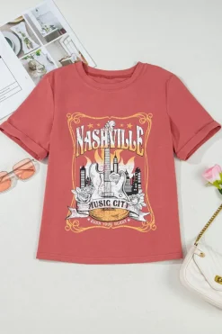 Clearance Dear-Lover Nashville Music City Graphic Retro Fashion Tee Mineral Red