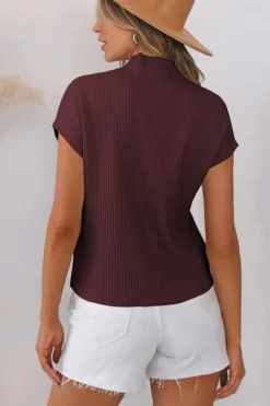 Online Dear-Lover Patch Pocket Ribbed Knit Short Sleeve Sweater Mineral Red