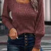 Online Dear-Lover Ribbed Bishop Sleeve Round Neck Top Mineral Red