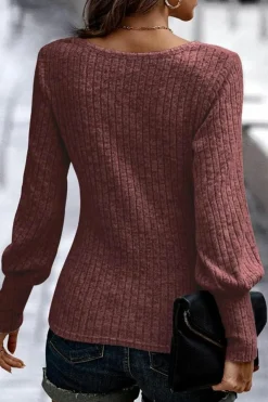 Online Dear-Lover Ribbed Bishop Sleeve Round Neck Top Mineral Red