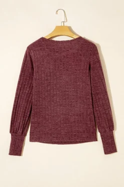Online Dear-Lover Ribbed Bishop Sleeve Round Neck Top Mineral Red