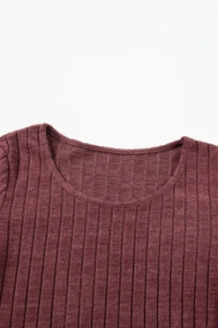 Online Dear-Lover Ribbed Bishop Sleeve Round Neck Top Mineral Red