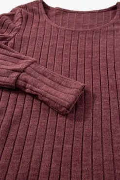 Online Dear-Lover Ribbed Bishop Sleeve Round Neck Top Mineral Red