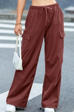 Clearance Dear-Lover Solid Color Drawstring Waist Wide Leg Cargo Pants Mineral Red