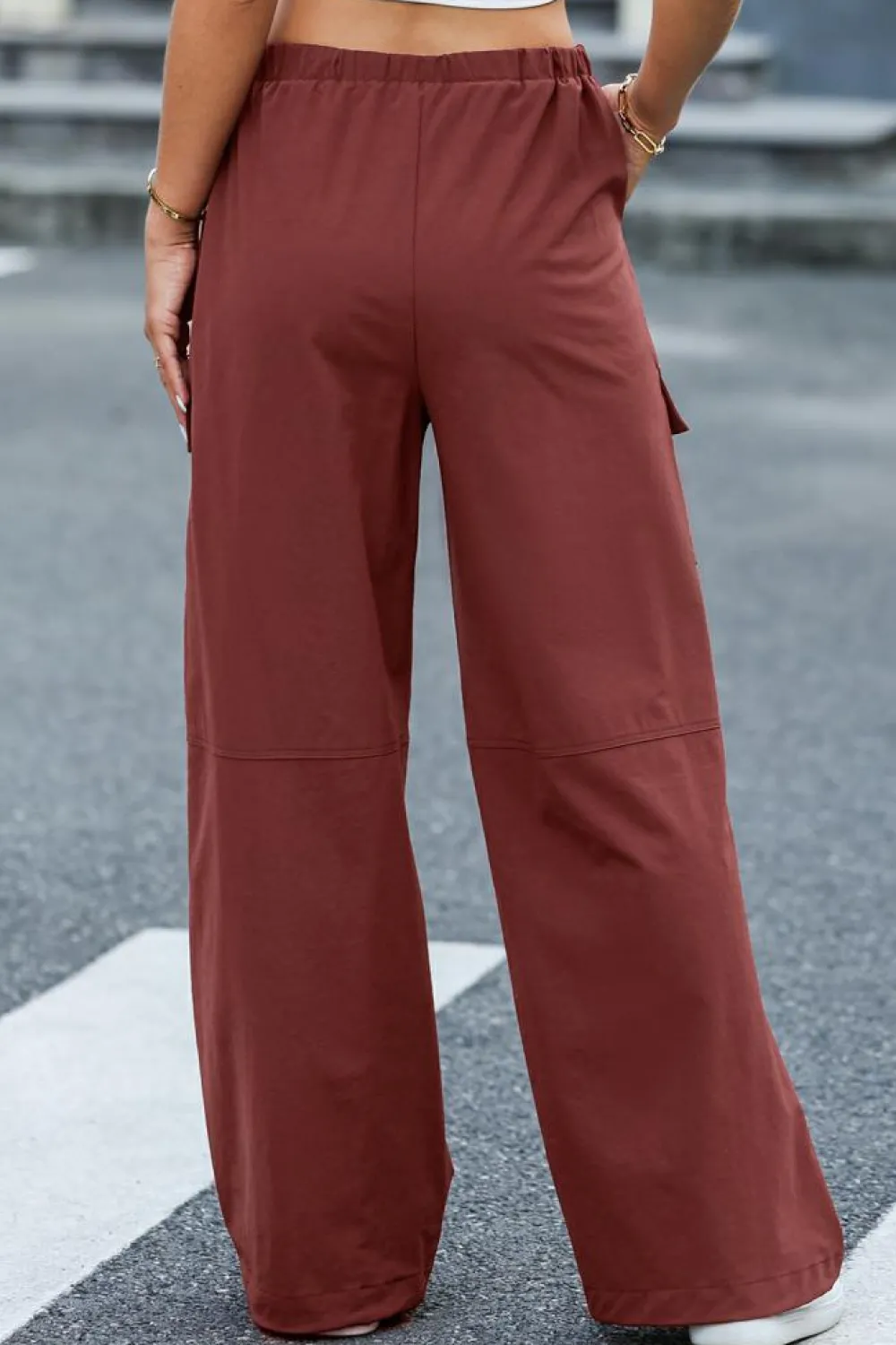 Clearance Dear-Lover Solid Color Drawstring Waist Wide Leg Cargo Pants Mineral Red