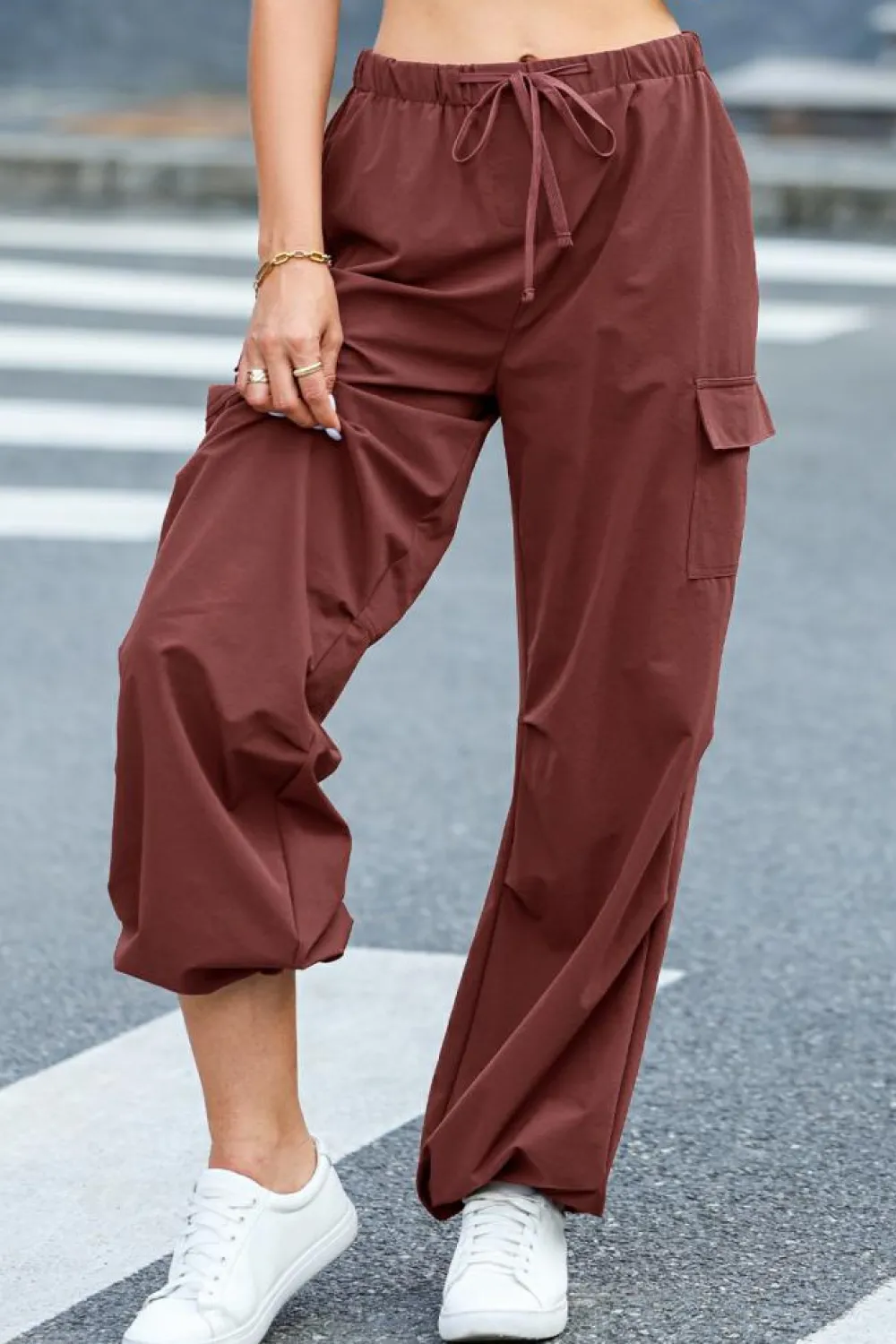 Clearance Dear-Lover Solid Color Drawstring Waist Wide Leg Cargo Pants Mineral Red