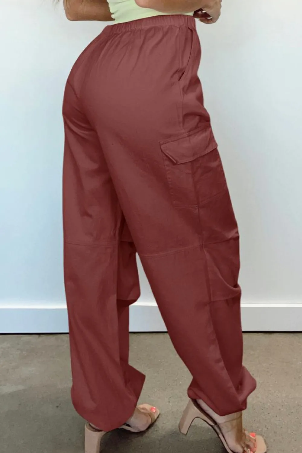 Clearance Dear-Lover Solid Color Drawstring Waist Wide Leg Cargo Pants Mineral Red