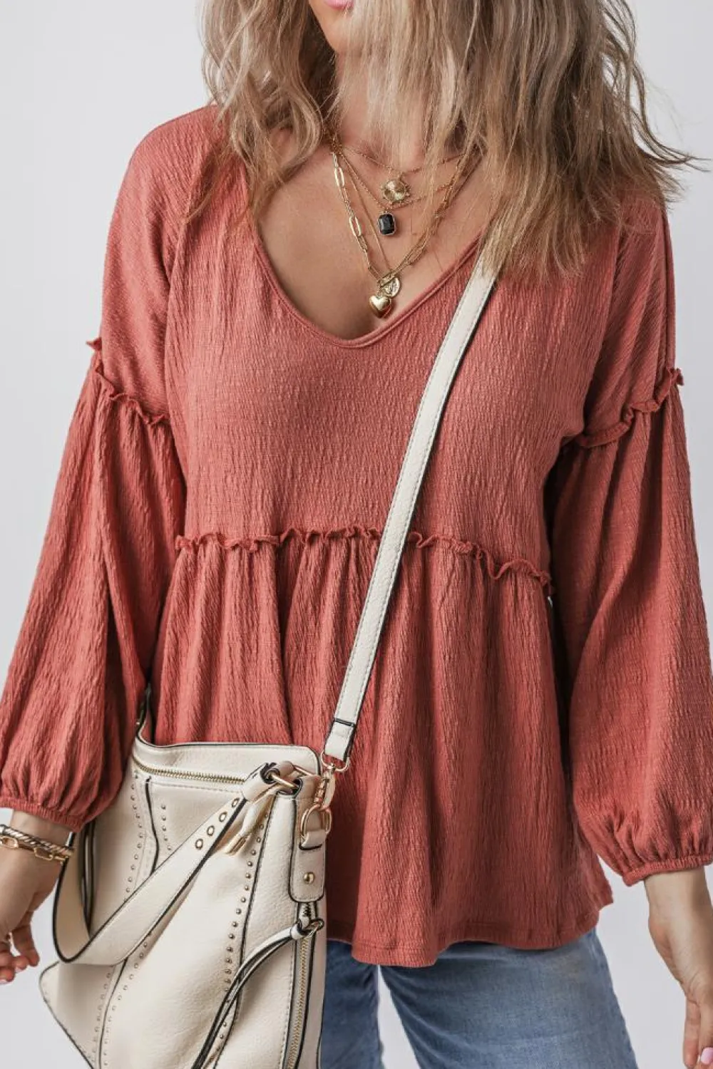 Sale Dear-Lover Solid Color Textured Frilled Trim V Neck Puff Sleeve Blouse Mineral Red