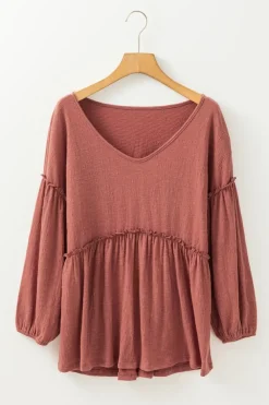Sale Dear-Lover Solid Color Textured Frilled Trim V Neck Puff Sleeve Blouse Mineral Red