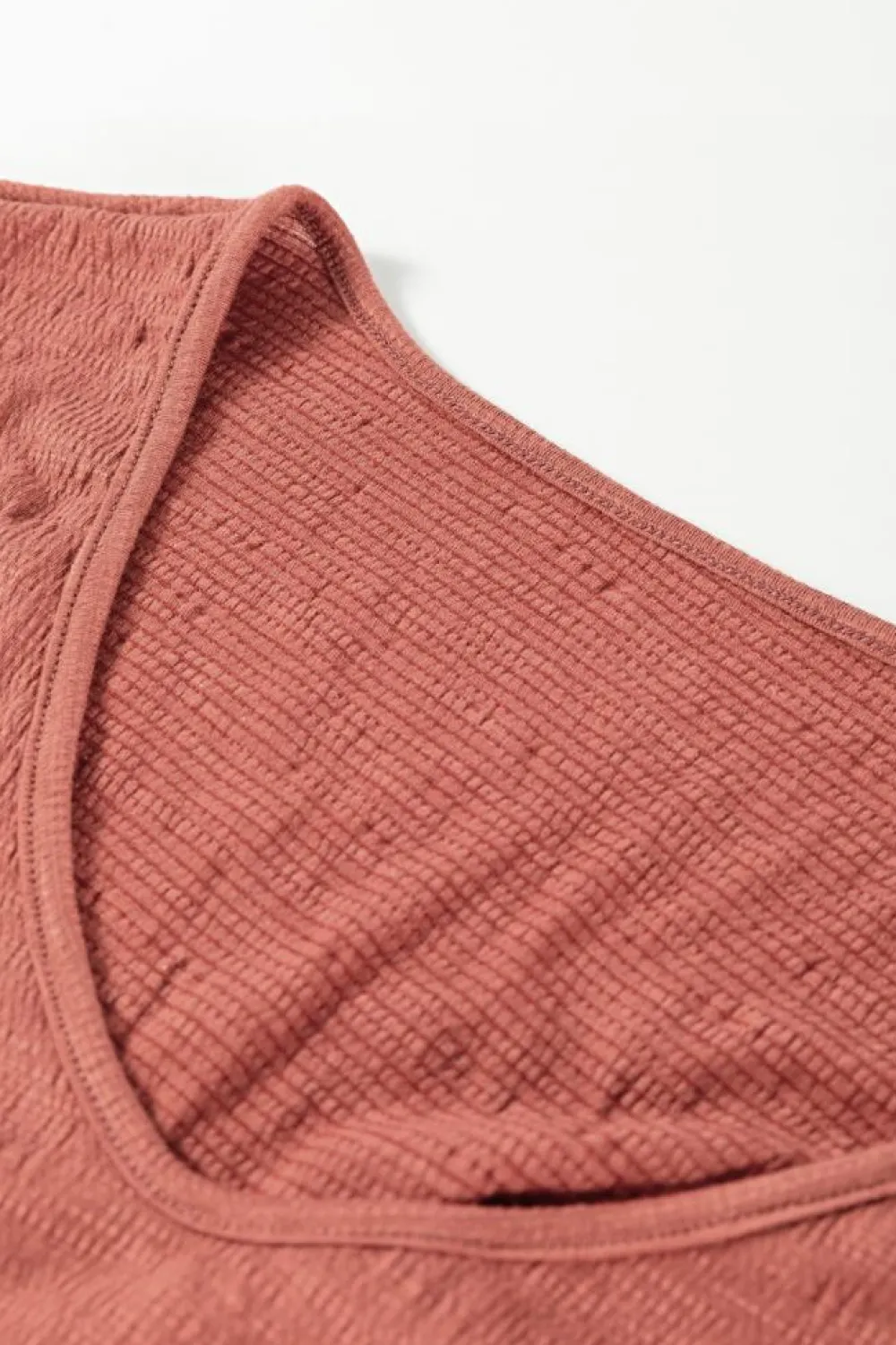 Sale Dear-Lover Solid Color Textured Frilled Trim V Neck Puff Sleeve Blouse Mineral Red