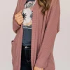 New Dear-Lover Solid Color Waffle Knit Cardigan with Pocket Mineral Red
